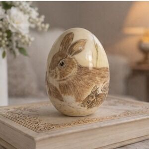 Vintage 1981 Hand Painted Ceramic Egg By Emma Murphy Rabbit Bunny Art 3.25"